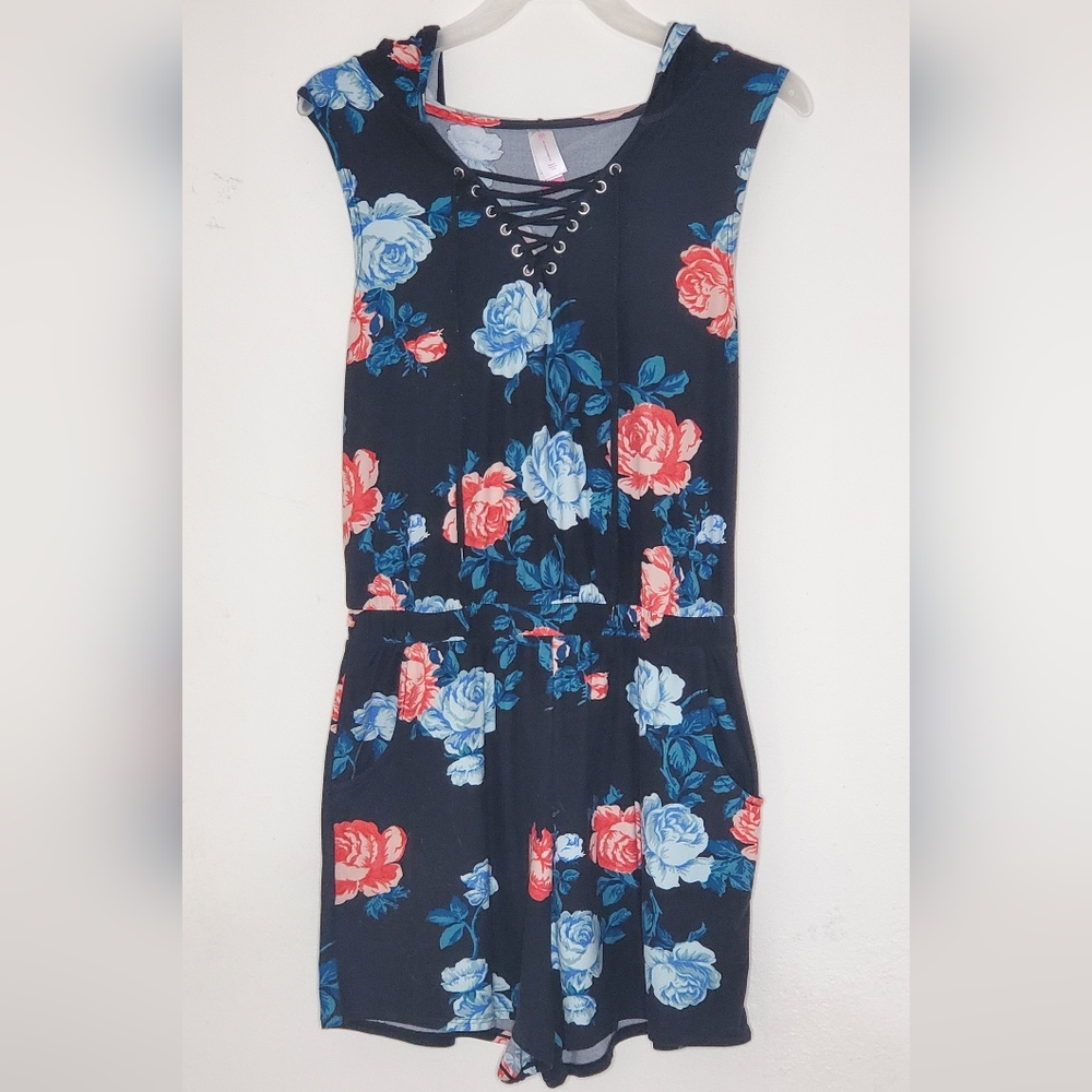 Hooded navy romper w/ blue and coral flowers, size Large